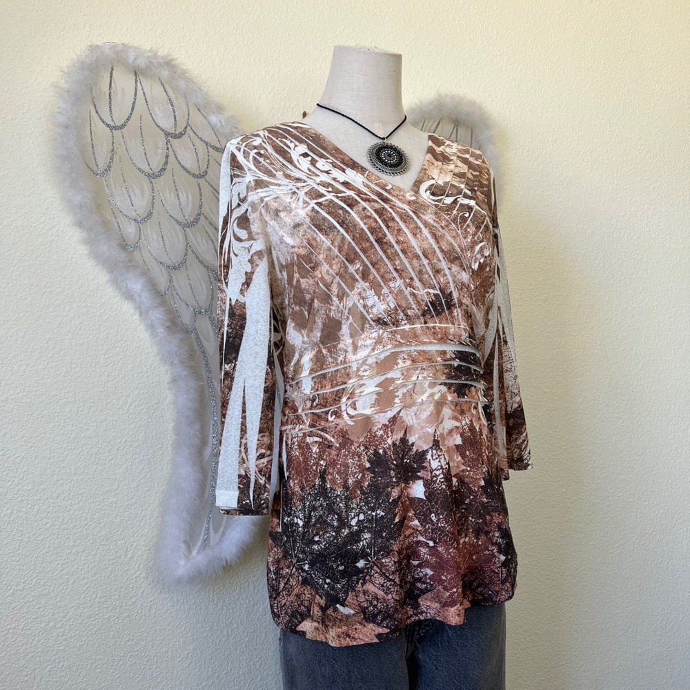 Indie Fairy Grunge Brown Leaf Print Long Sleeve V Neck Top Forestcore Babydoll - Picture 5 of 8
